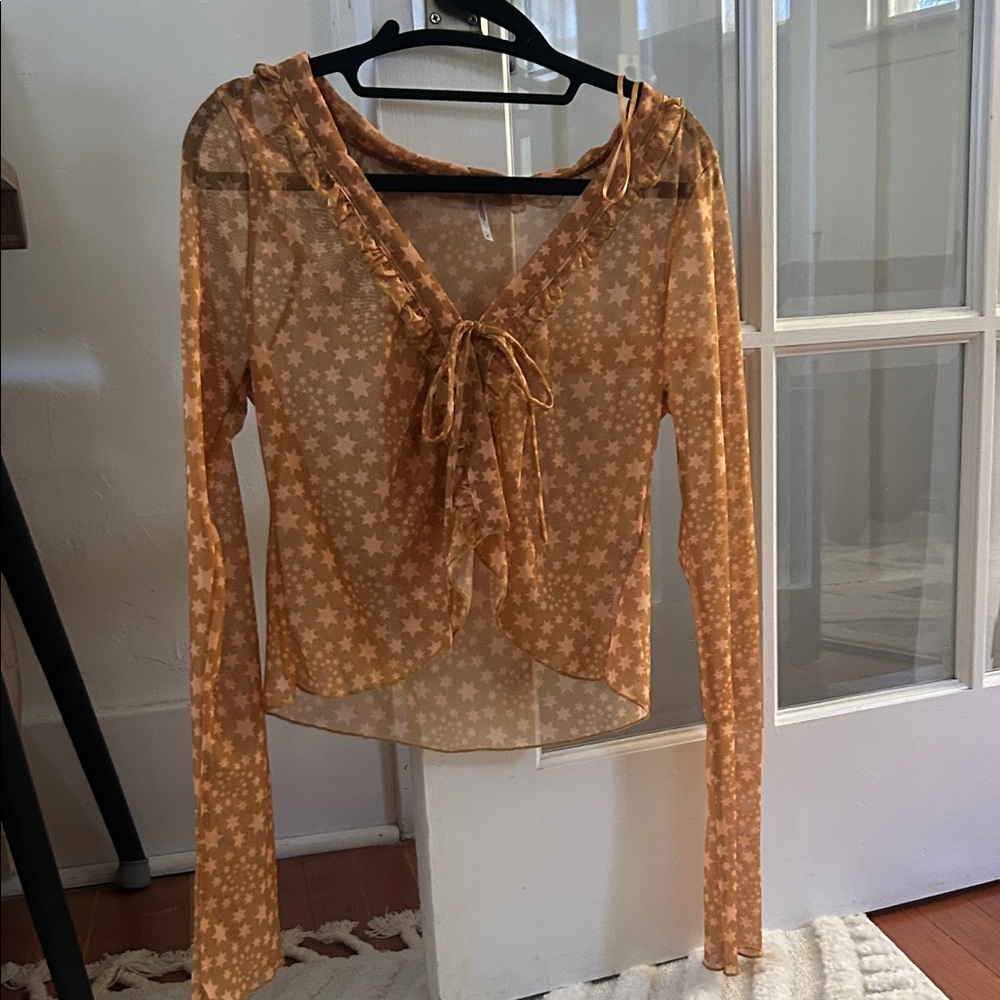 Free People Sheer Star Print Blouse in Tan